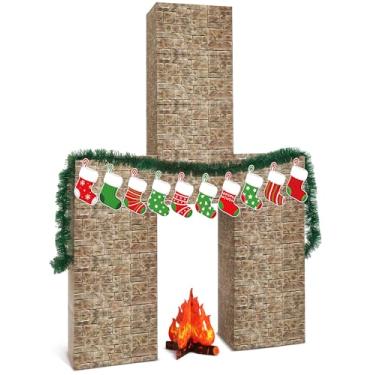 Imagem de Fullhawl 34 peças lareira de papelão de Natal 3D 99 x 159 polegadas DIY lareira artificial de Natal com meia suporte de chama de fogo 3D Guirlanda de pinheiro pano de fundo falso para decoração de