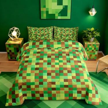 Imagem de Manfei Conjunto de edredom Pixelated Grid tamanho casal, conjunto de edredom geométrico, com blocos camuflados geométricos, conjunto de cama de 3 peças, jogo de cama para meninas e adolescentes