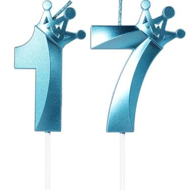 Imagem de Velas de aniversário azuis número 17, topo de bolo feliz de 17 anos, vela com número de coroa 3D, vela de aniversário, 17 meninos meninas, decorações de aniversário, decoração de topo de bolo azul