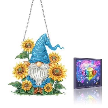 Imagem de VAIIEYO Enfeite de pendurar arte de diamante de gnomo anão, pintura de diamante de girassol, kit de pendurar janela com corrente, pingente de cristal de 19 x 19 cm, artesanato para presente, decoração