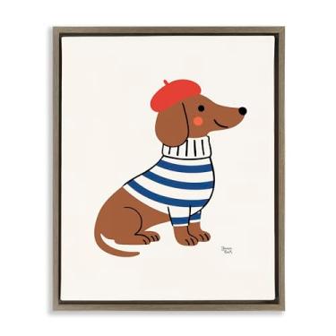 Imagem de Stupell Industries Dachshund francês em boina preta emoldurada arte de parede em tela flutuante, design por Jessica Beck, 21 x 17