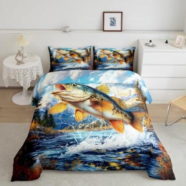 Imagem de Erosebridal Conjunto de edredom de peixe de robalo grande 3D, tema de caça em casa de fazenda, rústico, vida selvagem, edredom vintage, para decoração de casa de pescador, lago, casa