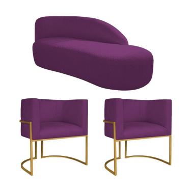 Imagem de Kit Divã Luna 140cm Lado Direito E 02 Poltronas Base De Ferro Dourado Suede Roxo