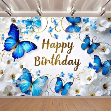 Imagem de Pano de fundo de borboleta azul royal flores brancas borboletas feliz aniversário desejos tema decoração de festa princesa menina recém-nascido chá de panela decoração de festa de aniversário banner