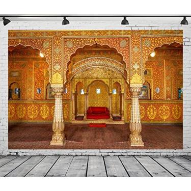 Imagem de BELECO Pano de fundo de palácio real indiano de tecido de 6 x 3 m, sala de audiência privada em Anup Mahal e trono de marajá com fundo fotográfico de esculturas douradas para retrato de viagem