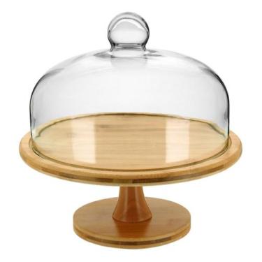 Imagem de PRATO BOLO BOLEIRA COM PÉ TAMPA VIDRO BAMBU 29x29x29cm NATURAL - HOMEC