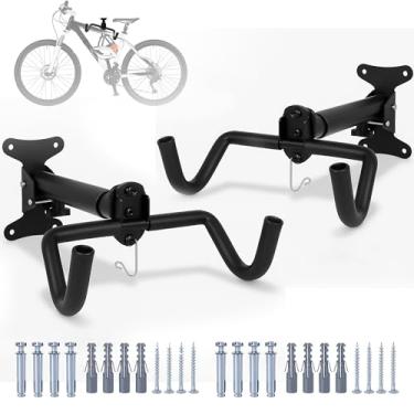 Imagem de ONEFITGUY Suporte de parede dobrável para bicicleta, pacote com 2, suporte horizontal para bicicleta com ganchos ajustáveis e capa de EVA, inclui parafusos para garagem, interior ou galpão