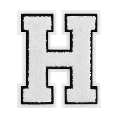 Imagem de 1 peça de patch de letra de chenille branco de 11,4 cm com borda preta – adesivos do alfabeto para roupas, jaquetas, mochilas, chapéus para decoração personalizada, nome personalizado e artesanato. (H