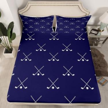 Imagem de Jogo de cama Queen para esportes de golfe, masculino, com estampa de jogador de golfe, desenho branco, para decoração de quarto de crianças, adolescentes, adultos, moderno, azul escuro, lençol com