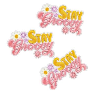 Imagem de Patch Flower Stay Groovy, 3 peças Daisy Stay Groovy Iron On Sew on Bordado Emblema para Roupas Jaqueta Jeans Mochilas (Rosa)