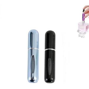 Imagem de Pacote com 2 atomizadores de perfume de 10 ml, refil inferior, frasco portátil de spray de viagem, bomba automática de névoa fina, mini pulverizador de perfume à prova de vazamento, Preto + azul