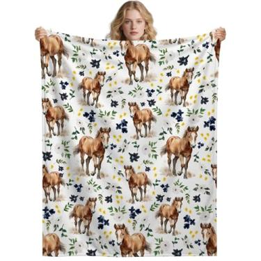 Imagem de Presentes de cobertor de cavalo, manta de flanela floral ultra macia para sofá cama, decoração de animais de cavalos para amantes de cavalos, 101,6 cm x 127 cm - tamanho infantil/manta