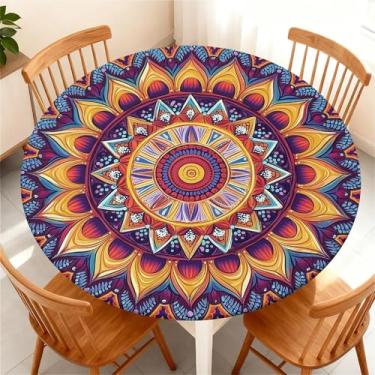 Imagem de Yesad Toalha de mesa redonda com borda elástica para mesa redonda de até 155 a 165 cm, capa de mesa impermeável para acampamento, interior, exterior, férias, verão, boho