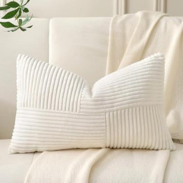 Imagem de Yosodeko Capa de almofada lombar branca creme 30 x 50 cm, pacote com 1 capa de almofada macia de veludo cotelê com textura de patchwork, decoração de casa de fazenda, capa de almofada retangular