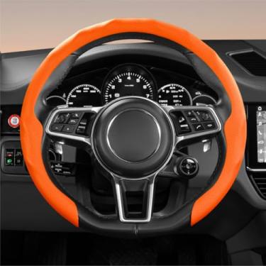 Imagem de Capa de volante universal de couro napa premium de 38 cm - antiderrapante, macia e confortável, fácil instalação para a maioria dos carros (laranja)