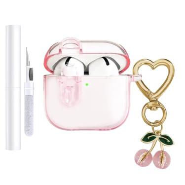 Imagem de AZGYIAI (com trava de segurança) capa transparente compatível com Apple Airpods 4 capas 2024 femininas, TPU macio transparente Airpods 4ª geração, capas para meninas cereja chaveiro para Airpod iPod