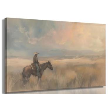 Imagem de Arte de parede em tela de caubói ocidental, decoração de parede country oeste, imagem de pintura vintage de cowboy impressão de pôr-do-sol paisagem arte para quarto banheiro decoração de casa, 61 x 40