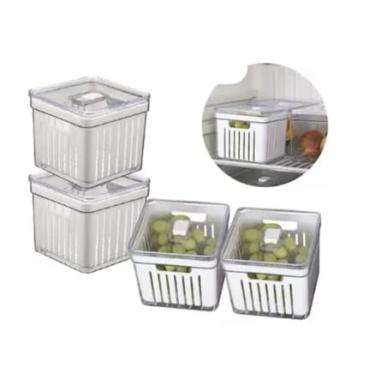 Imagem de Kit 4 Organizadores de Geladeira, Transparente, Polipropileno, 1,9 Litros, Com Tampa e Cesto de Drenagem, Para Alimentos, Verduras e Vegetais, 7,5 x 15,5 x 20,5 cm