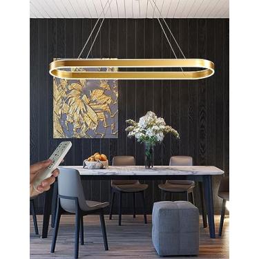 Imagem de Lustre pendente oval dourado com LED, dimerizável, moderno, para mesa de jantar, escritório ou sala de estar, com controle remoto. Altura ajustável, sem reflexos. Ideal para ambientes intern