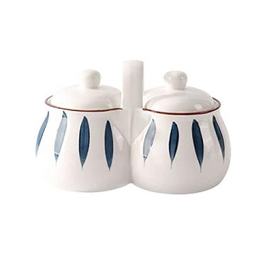 Imagem de Açucareiro estilo japonês com tampa e colher, pote de açúcar pintado à mão, recipiente de açúcar pote de especiarias com bandeja - listras brancas - 1200 ml/1,190.7 g potes de especiarias de cozinha