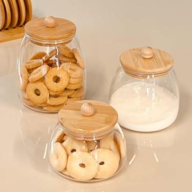 Imagem de Pote de armazenamento cafe Kit 3 Potes vidro AMBAR (PMG) tampa hermética de bambu Arredondada P/mantimentos(BOLINHA TRANSP,2 Potes (M G))