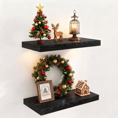 Imagem de Prateleiras flutuantes pretas para parede, conjunto de 2 prateleiras de parede 40 x 23 cm, prateleira de banheiro profunda com suporte invisível, prateleira flutuante de madeira rústica para quarto