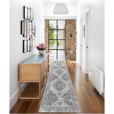 Imagem de vivorug Tapete cinza 5 x 25 cm lavável à máquina com suporte antiderrapante, ideal para cozinha, corredor, entrada e lavanderia - floral vintage, durável, fácil de limpar, corredor de carpete baixo
