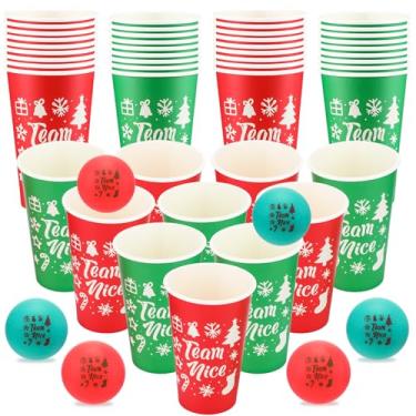 Imagem de Jingmore Conjunto de artigos de festa de Natal, 60 peças de copos de papel de Natal verdes vermelhos de 473 ml com 12 bolas, copos de time impertinentes ou agradáveis para lembrancinhas de festa de