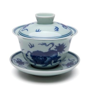 Imagem de SILINE Conjunto clássico de tigela de chá Gaiwan de porcelana, Jingdedzhen branco e azul para chá Kung Fu Brew - Leão