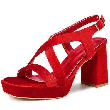 Imagem de CAMSSOO Sandálias femininas de salto cruzado com tiras abertas, bico quadrado, 9 cm, salto grosso, tira no tornozelo, plataforma, Veludo vermelho, 38