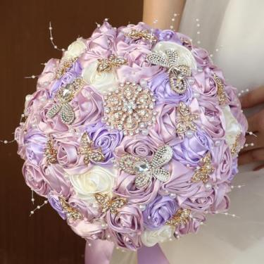 Imagem de Mhojpik Buquê de flores de casamento feito à mão com buquê redondo de rosas de cetim artificial para noiva, dama de honra, casamento, quinze anos