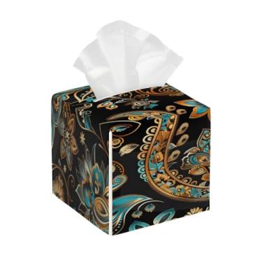 Imagem de Porta-lenços de couro quadrado impermeável étnico paisley pavão retrô organizador de papel facial com cinto inferior cubo estojo de lenços para mesa, banheiro, escritório, mesa, carro, decorativo