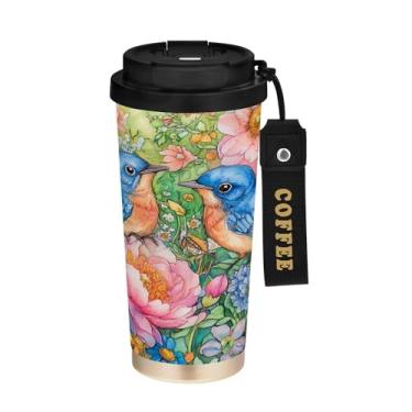 Imagem de SEHANY Caneca de café de viagem Blue Birds 482 g com tampa revestida de cerâmica e à prova de vazamento, parede dupla, isolada a vácuo, copo de aço inoxidável para bebidas quentes e frias