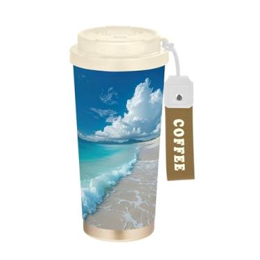 Imagem de SEHANY Caneca de viagem Summer Sea Beach Starfish 482 g Copos de café reutilizáveis revestidos de cerâmica com tampa à prova de vazamento, parede dupla, isolamento a vácuo, copo de café de aço