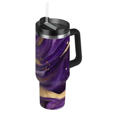 Imagem de SEHANY Copo de mármore roxo de 850 g com tampa e canudo, aço inoxidável de vácuo duplo isolado garrafa de água esportiva suporte para copo de café de viagem à prova de vazamento para bebida gelada