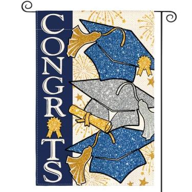 Imagem de AVOIN colorlife Congrats Bandeira de jardim de formatura 30 x 45 cm dupla face externa, bonés de graduados cerimônia de diploma classe 2024 quintal decoração ao ar livre azul