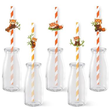 Imagem de Serencatcher 50 canudos de papel panda vermelho, lembrancinhas de festa de aniversário de panda vermelho canudos de papel listrado para decoração de aniversário tema animal chá de bebê suprimentos de