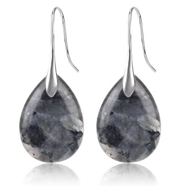 Imagem de Brincos Pendurados com Contas de Lágrima de Ágata para Mulheres, Alto Luxo Pedra Natural Gota Gancho Peixe Brincos Elegantes Moda Joia Orelha Presente (Preto & Prateado)