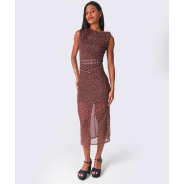 Imagem de Vestido Feminino Midi Tule Estampa Flores Marisa-66046, Marrom, GG