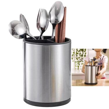 Imagem de Porta Talheres Utensilios Base Giratoria Inox Bancada Cozinha Suporte Pia Mesa Organizaçao Limpeza Multiuso Resistente