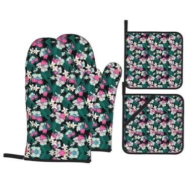 Imagem de Decoração de flores - Conjunto de luvas de cozinha estampadas com suportes de tampa, luvas de forno resistentes ao calor para manusear panelas quentes, grelhar, churrascos, kit de 4 peças.