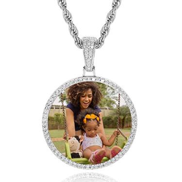 Imagem de QUNTING Colar de imagem com pingente de foto personalizado para homens, corrente de imagem redonda personalizada para mulheres, medalhão, hip hop, joias, faça você mesmo, crachá, chaveiro, bolsa
