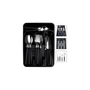 Imagem de Conjunto de Talheres 17 Peças com Porta Talher, Preto, Aço Inoxidável e Plástico, 4 Colheres de Mesa, 4 Garfos, 4 Facas, 4 Colheres de Sobremesa