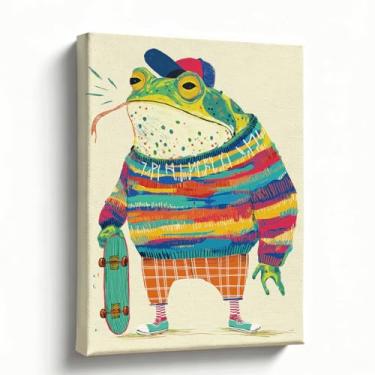 Imagem de Arte em tela de sapo de skate - 20 x 25 cm colorido e divertido sapo arte de skate para decoração de quarto, quarto e sala de estar - Arte de animal brincalhão em tela