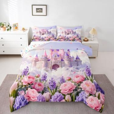 Imagem de jejeloiu Conjunto de edredom castelo com laço para todas as estações com 1 fronha, decoração de princesa, roupa de cama de solteiro, de conto de fadas, para quarto de princesa, violeta, respirável