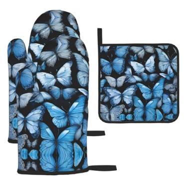 Imagem de Blue Butterflies – Conjunto de cozinha essencial com 3 peças, luvas resistentes ao calor e aderência da tampa, proteção para churrasco no forno, design de armazenamento suspenso.