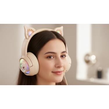 Imagem de Headset Gamer Orelha de Gato KP-FN634 Bluetooth 5.2 com LED | Driver 50mm Som Imersivo | Sem Fio Wireless | Compatível PC/Notebook/Mobile | Cores Rosa ou Bege