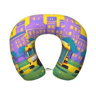 Imagem de Travesseiro leve de viagem com estampa de ônibus escolar em forma de U de espuma viscoelástica para cabeça e pescoço para aviões