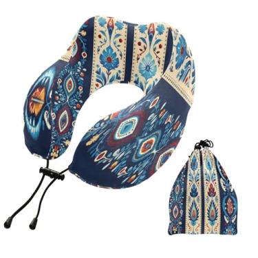 Imagem de CEBUGI Travesseiros de viagem portáteis em forma de U, travesseiro de pescoço de espuma viscoelástica com trava de corda ajustável para avião, viagem, trem, negócios, escritório, soneca (Boho floral)