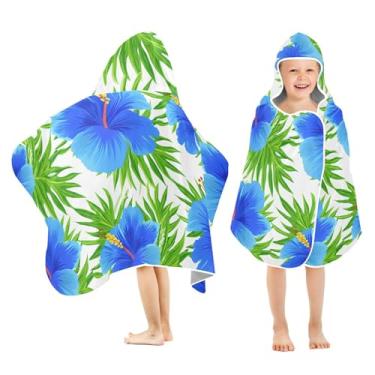 Imagem de Burbuja Toalha de banho com capuz de hibisco azul para crianças, toalha de praia de pelúcia macia absorvente para meninas e meninos 3-10 anos, 61 x 127 cm
